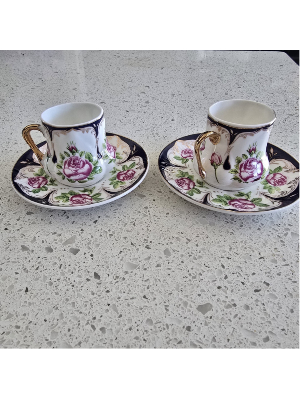Lotus Demitasse Cups Saucer Fine Porcelain Tea Coffee Set Cabbage Rose Set Of 2